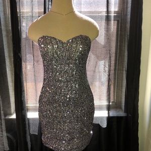 Charcoal sequin strapless dress with back detail